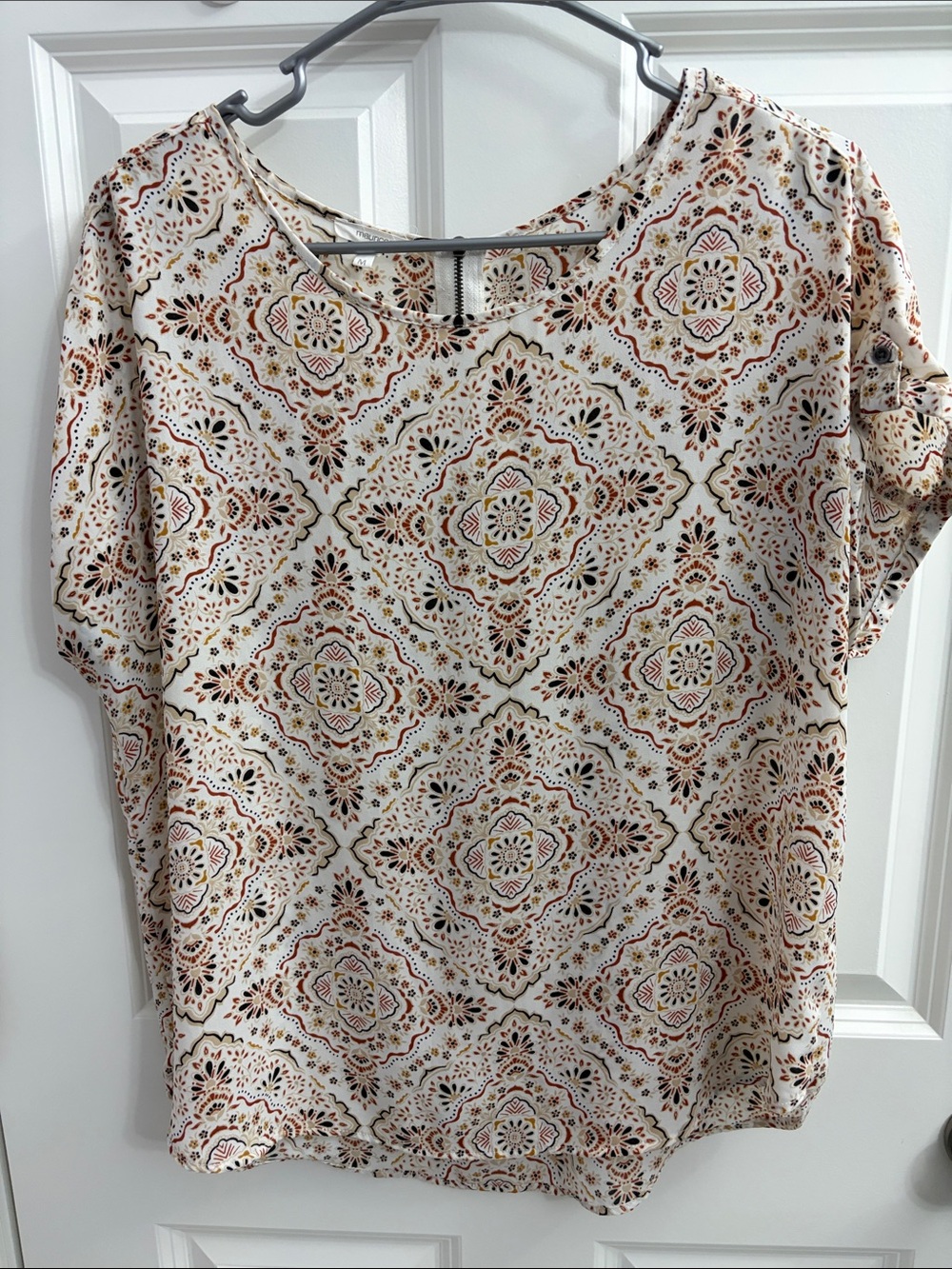 Maurices Cream Short-Sleeve Printed Blouse with Rust and Brown Medallions